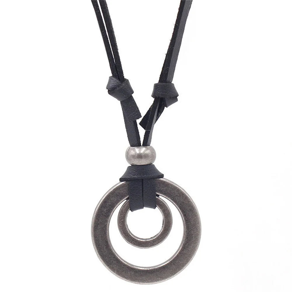 Vintage Retro 1Pc Lederband Halsketten Doppel Kreis Anhänger Halskette Für Frauen Männer Mode Schmuck Geschenke