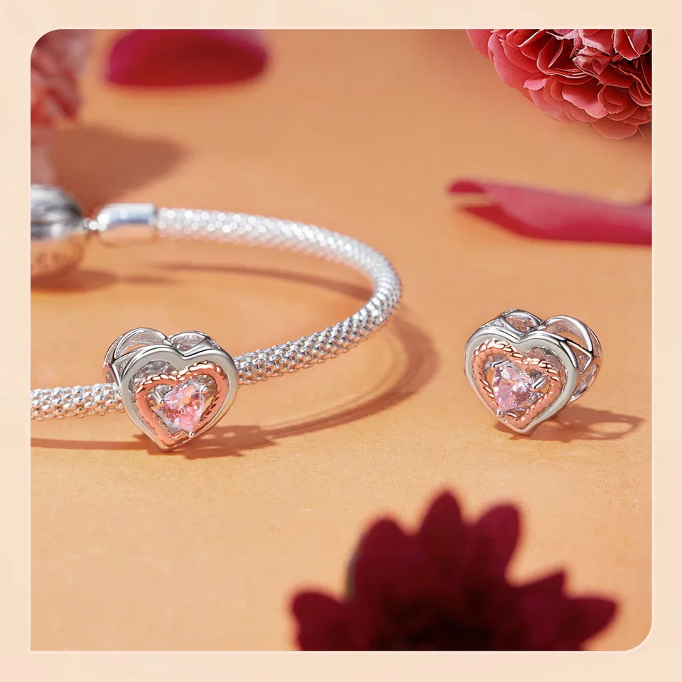 WOSTU Muttertags-Charm aus 925er-Sterlingsilber mit Rosenblüten-Anhänger, Baum des Lebens, Herzperlen, passend für Armbänder, Halsketten, DIY-Geschenk für Mama
