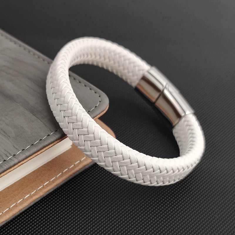 Mode Einfache Weiße Leder Geflecht Armband Edelstahl Schnalle Verschlüsse für Männer Handgemachte Armreif Großhandel Charme Schmuck Geschenk