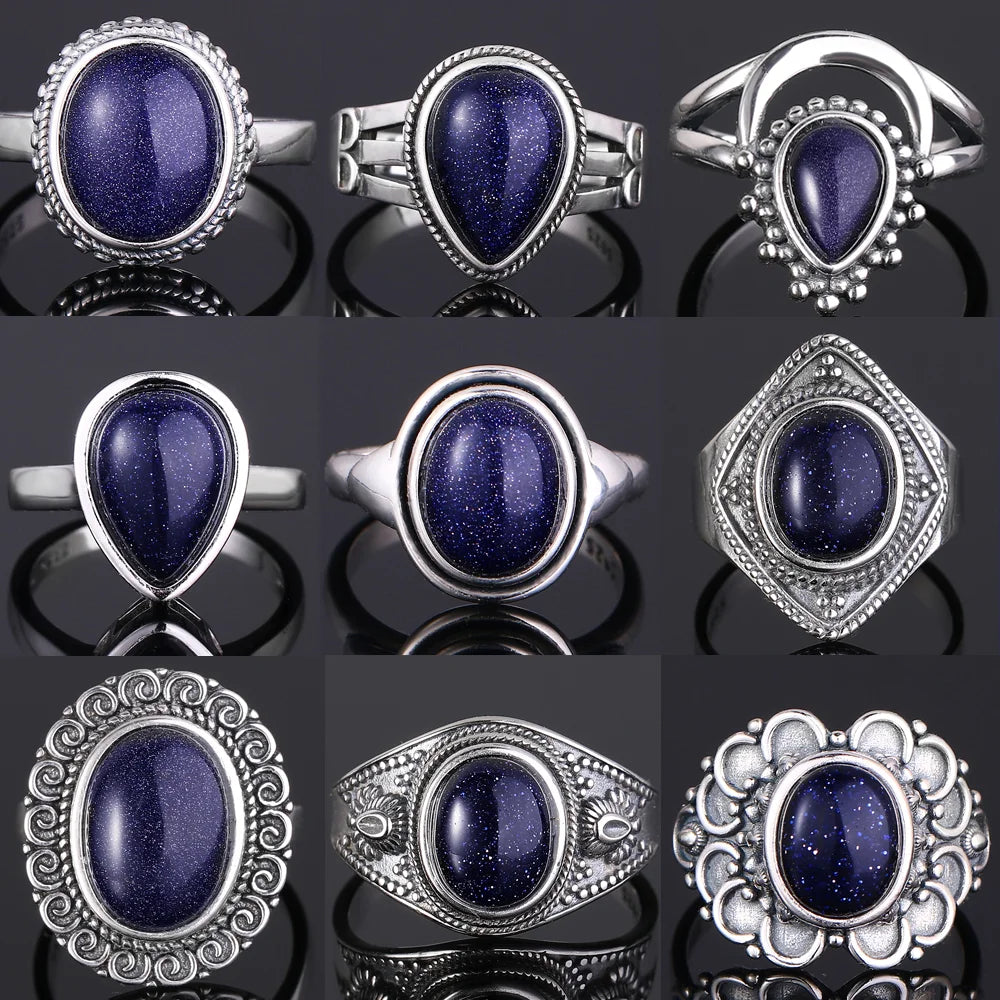Ring aus 925er-Sterlingsilber, oval, rund, natürlicher blauer Sandstein, Ring für Frauen, Geschenk, Retro-Luxus, edler Schmuck