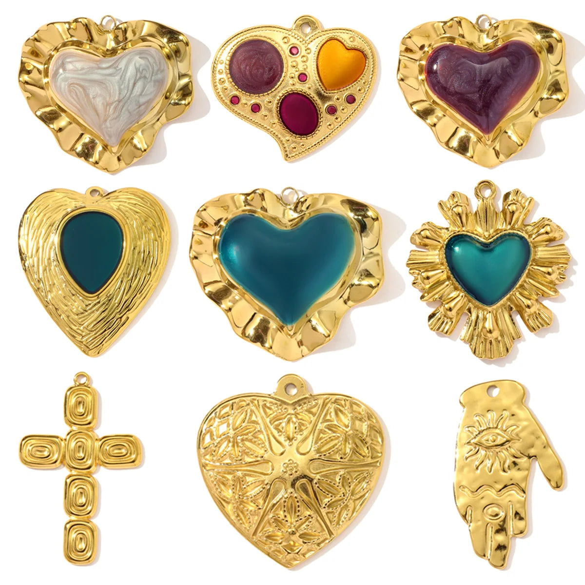 3 teile/los Französisch Retro Edelstahl Emaille Liebe Herz Halskette Anhänger Hamsa Hand DIY Ohrring Charme Frauen Große Kreuz Schmuck