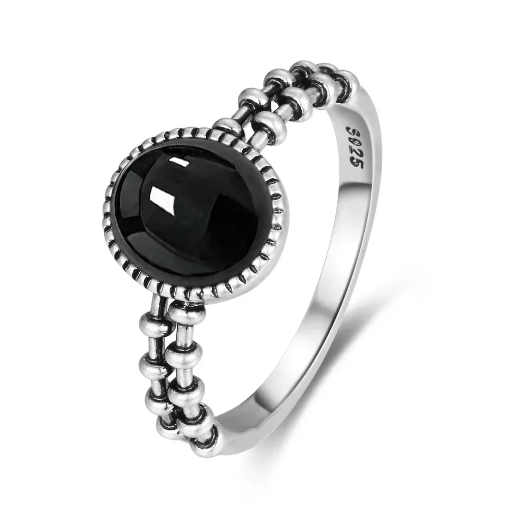 Vintage-Ring aus 925er Silber, natürlicher schwarzer Onyx-Ring, kreisförmiger Denier-Typ, Pferdeauge-Design, Geschenk, edler Schmuck, schwarzer Ring für Männer und Frauen