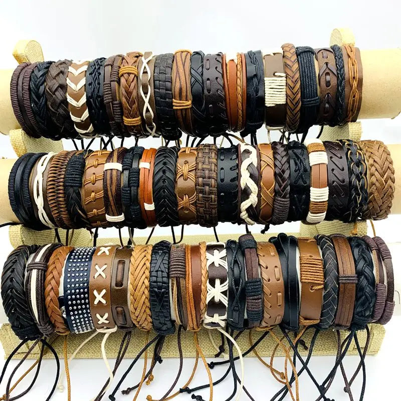 10/20/30/50/100PCs Leder Manschette Armbänder Handgemachte Retro Armreif Armbänder Schwarz/Braun Mode schmuck Party Geschenk Großhandel Lot