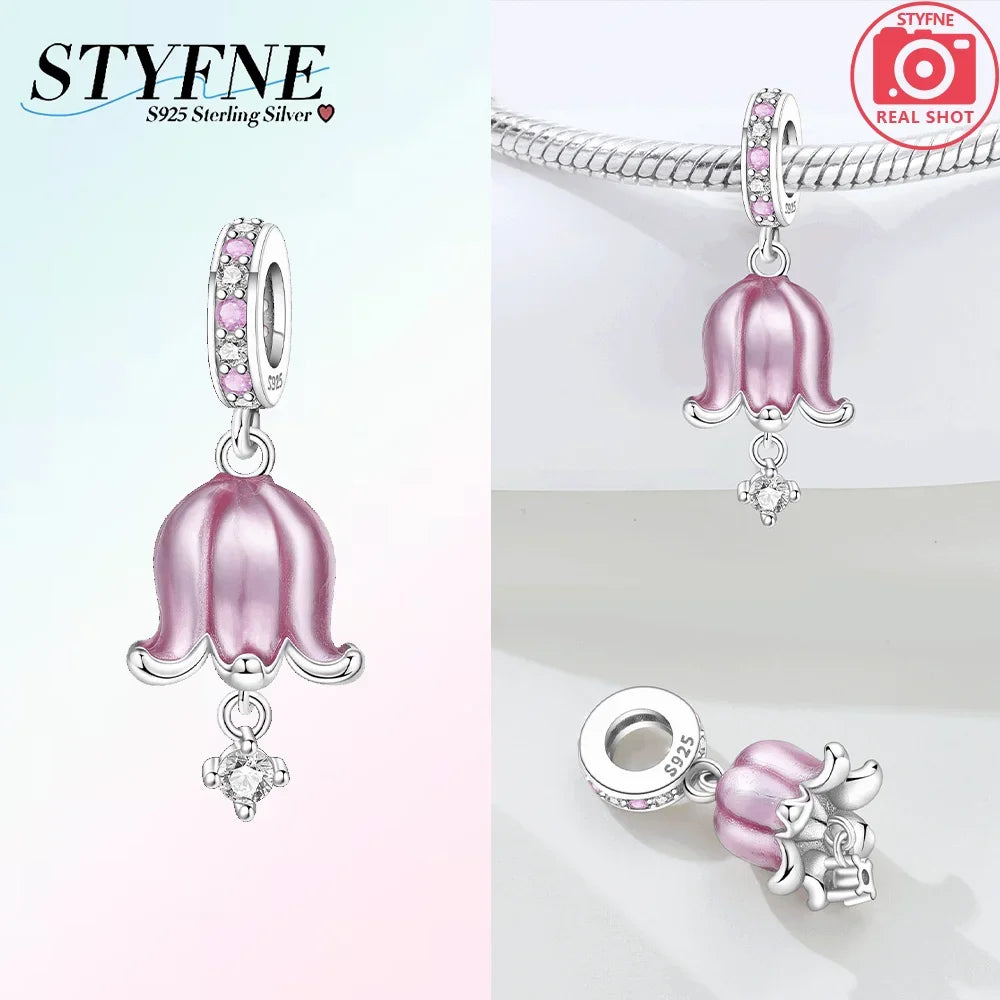 Charms aus 925er Silber, Blumenserie, lila Iris, Lilie, rosa Lilie, Perlen-Anhänger, passend für Original-Armbänder, Modeschmuck, DIY-Frauen-Geschenke
