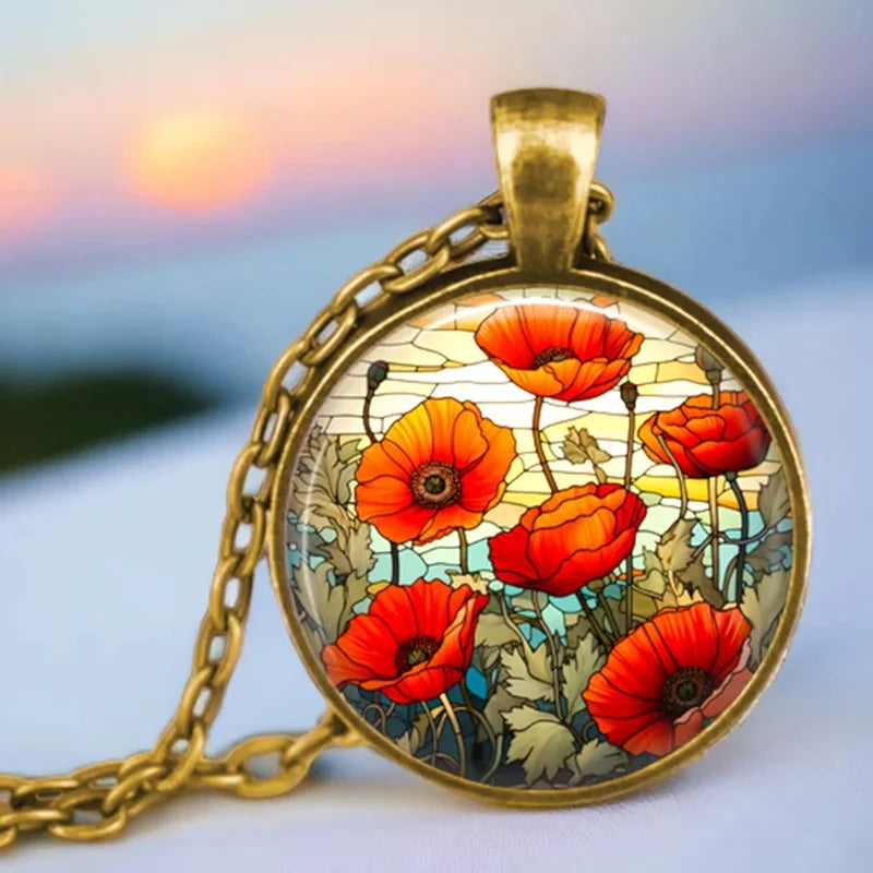 Vintage Antik vergoldete bunte süße Erbsenblume Glas Anhänger Halskette für Frauen Schmuck