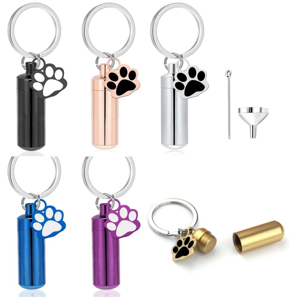 Haustier-Urnen-Schlüsselanhänger, Pfotenabdruck, Zylinder-Urnen-Anhänger, Schlüsselanhänger für Hunde, Asche, Welpen, Kätzchen, Asche, Andenken, Feuerbestattung, Gedenk-Anhänger