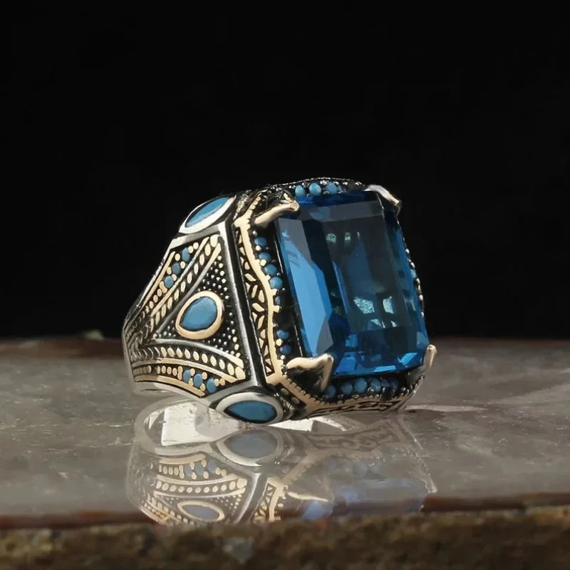Retro handgemachte türkische Siegelringe für Männer alte silberne Farbe geschnitzten Ring mystischen Zirkon Inlay neuen Punk Motor Biker Ring