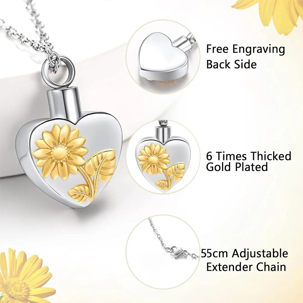 Urnen-Medaillon-Halskette mit Sonnenblumen-Herz, Asche-Halskette aus Edelstahl, Urnen-Halskette für Asche, Erinnerungs-Andenken, Schmuck für menschliches Haustier