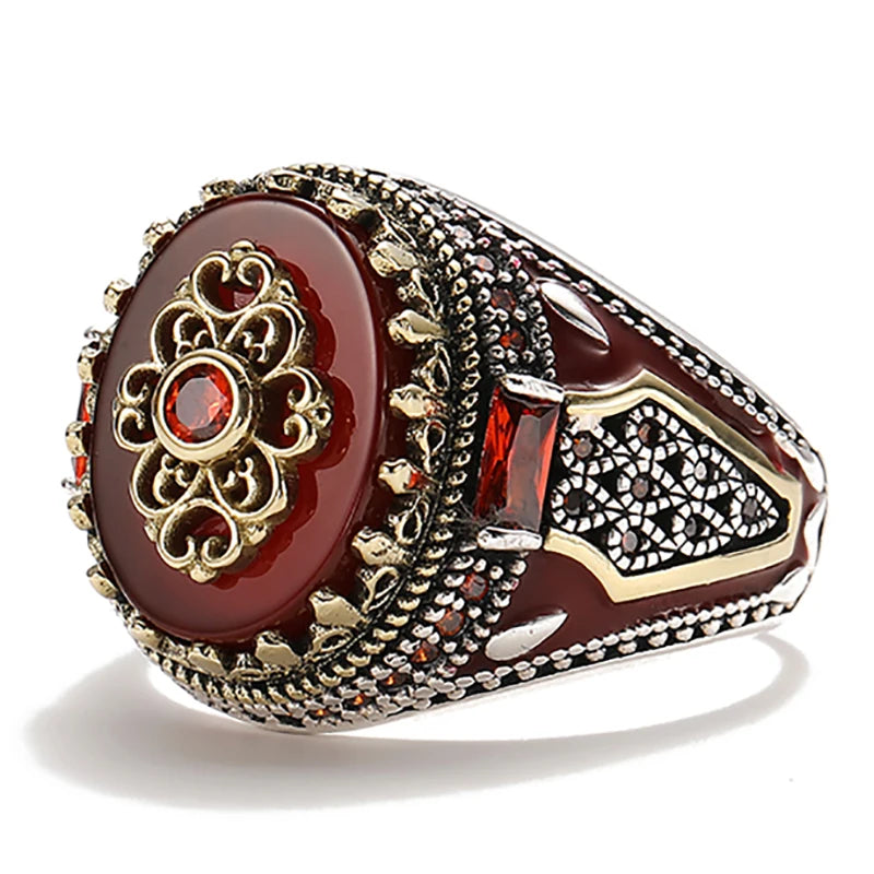 2025 Vintage Geschnitzte Muster Rot Zirkon Stein Ringe Für Männer Zubehör Jahrestag Party Geschenk Mode Schmuck Handgemachte Männer Ringe