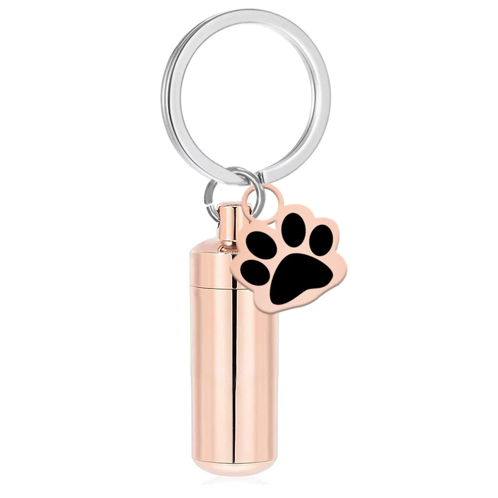 Haustier-Urnen-Schlüsselanhänger, Pfotenabdruck, Zylinder-Urnen-Anhänger, Schlüsselanhänger für Hunde, Asche, Welpen, Kätzchen, Asche, Andenken, Feuerbestattung, Gedenk-Anhänger