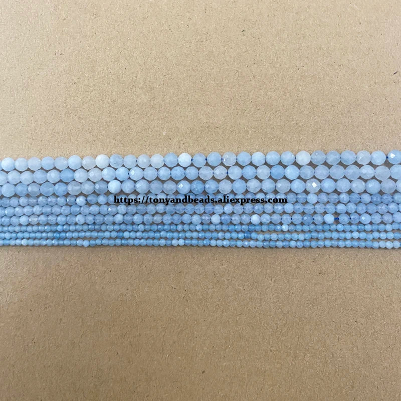 Halbedelstein 2 3 4 mm kleine Diamantschnitte facettierte blaue Aquamarin runde lose Perlen 15 Zoll Pick-Größe für Schmuckherstellung DIY