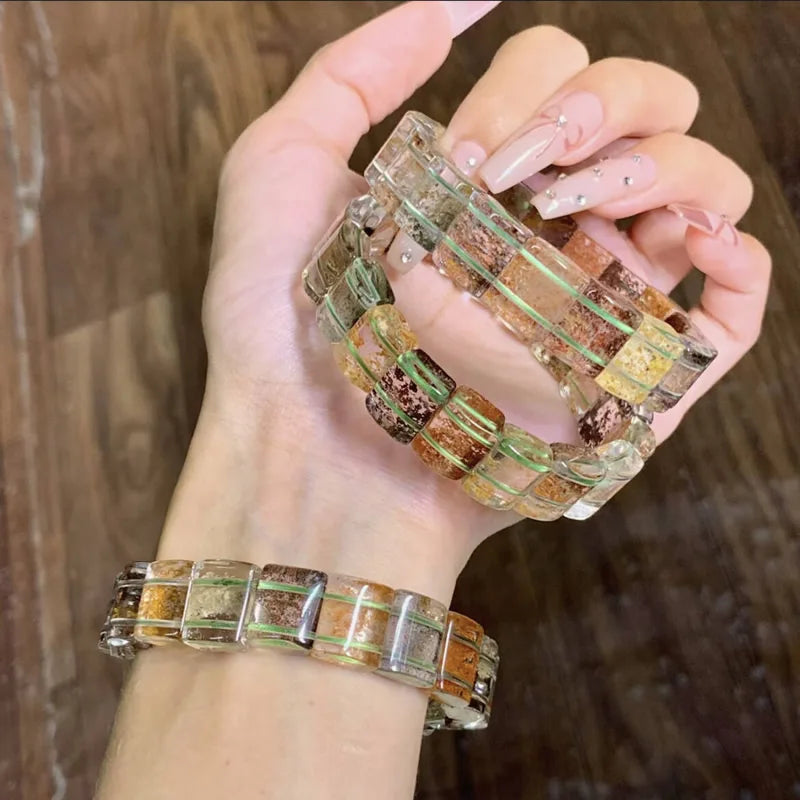 Neues farbiges Naturstein-Vier-Jahreszeiten-Geist-Kristall-Quarz-rechteckiges Armband für Männer und Frauen, Paare, glücklicher Modeschmuck