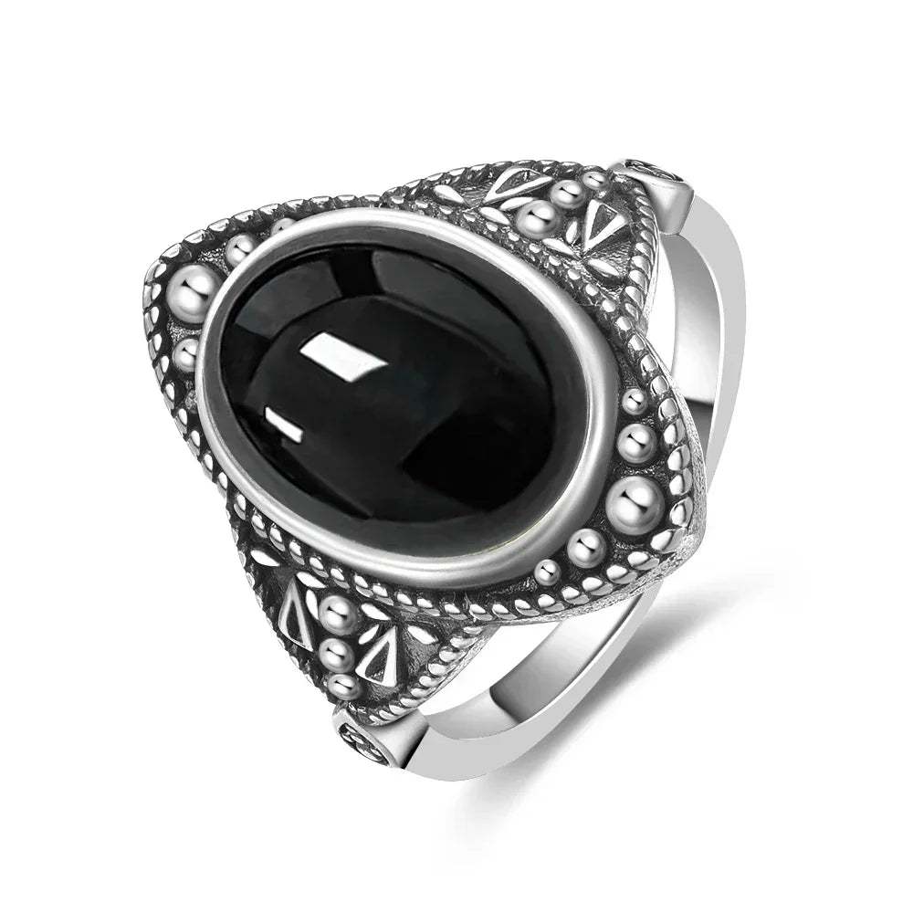 Vintage-Ring aus 925er Silber, natürlicher schwarzer Onyx-Ring, kreisförmiger Denier-Typ, Pferdeauge-Design, Geschenk, edler Schmuck, schwarzer Ring für Männer und Frauen