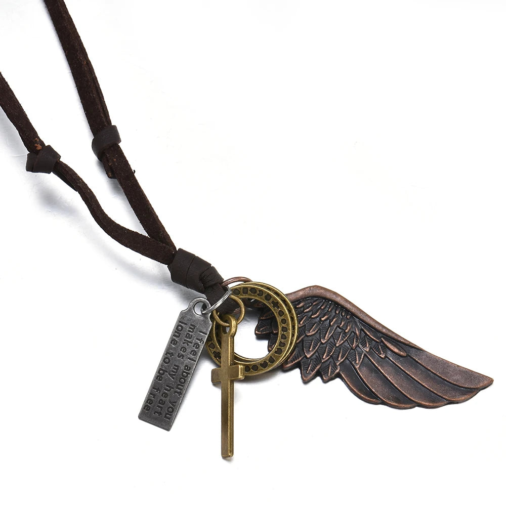 Feder-Engelsflügel-Halskette und Anhänger, Vintage-Stil, braunes Leder, für Damen und Herren, Schmuck, Jungen-Halskette, Statement-Halskette