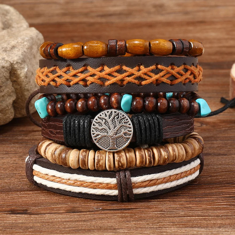 Punk Casual Bead6 Teil/satz Baum Schwarz Khaki Handgemachte Männer Armbänder Männlichen Frauen Leder Armbänder Männer Armreif Großhandel Schmuck Geschenk