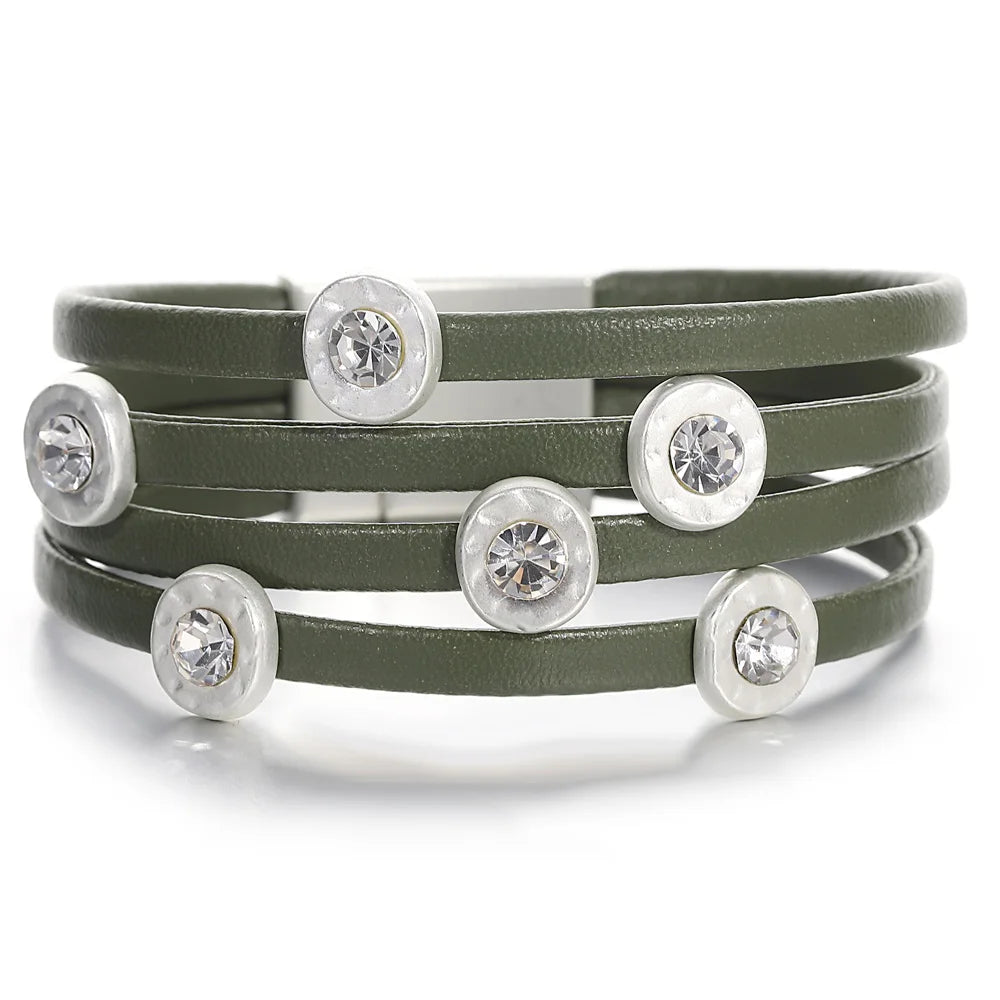 ALLYES Vintage grünes mehrschichtiges Wickelarmband aus Leder für Damen und Herren, Boho-Armbänder mit eingelegten Strasssteinen und Armreifen, Charm-Schmuck