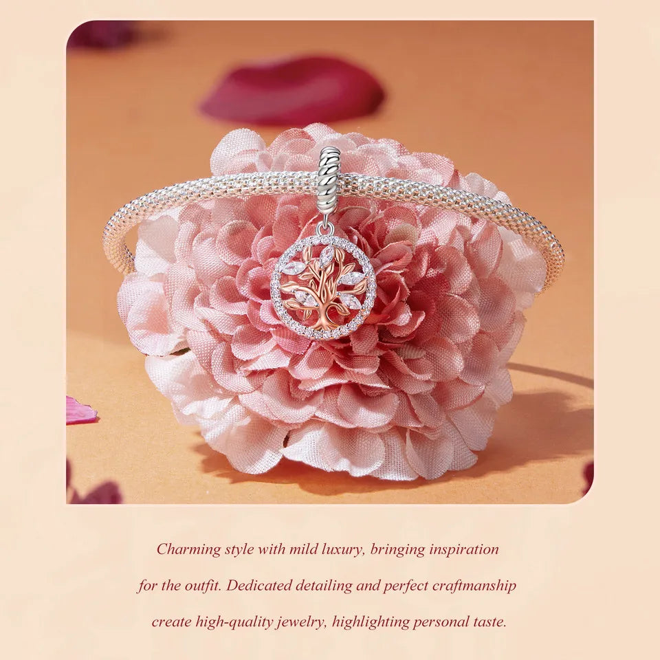 WOSTU Muttertags-Charm aus 925er-Sterlingsilber mit Rosenblüten-Anhänger, Baum des Lebens, Herzperlen, passend für Armbänder, Halsketten, DIY-Geschenk für Mama