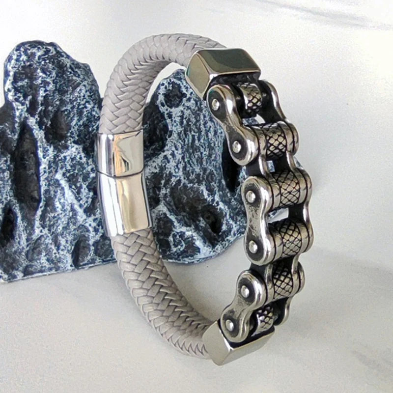 Klassische Leder Armband Männer Lokomotive Kette Edelstahl Punk Magnetische Verschluss Armreifen für Freund Geschenk Charme Schmuck SP1555