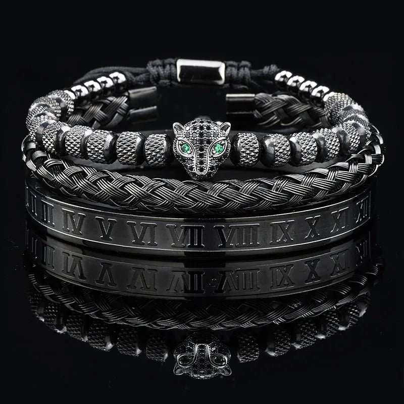 Luxus Schwarz Stein Perlen Leopard Kopf Mann Armband Emaille Edelstahl Römischen Armreifen Frauen Schmuck Set
