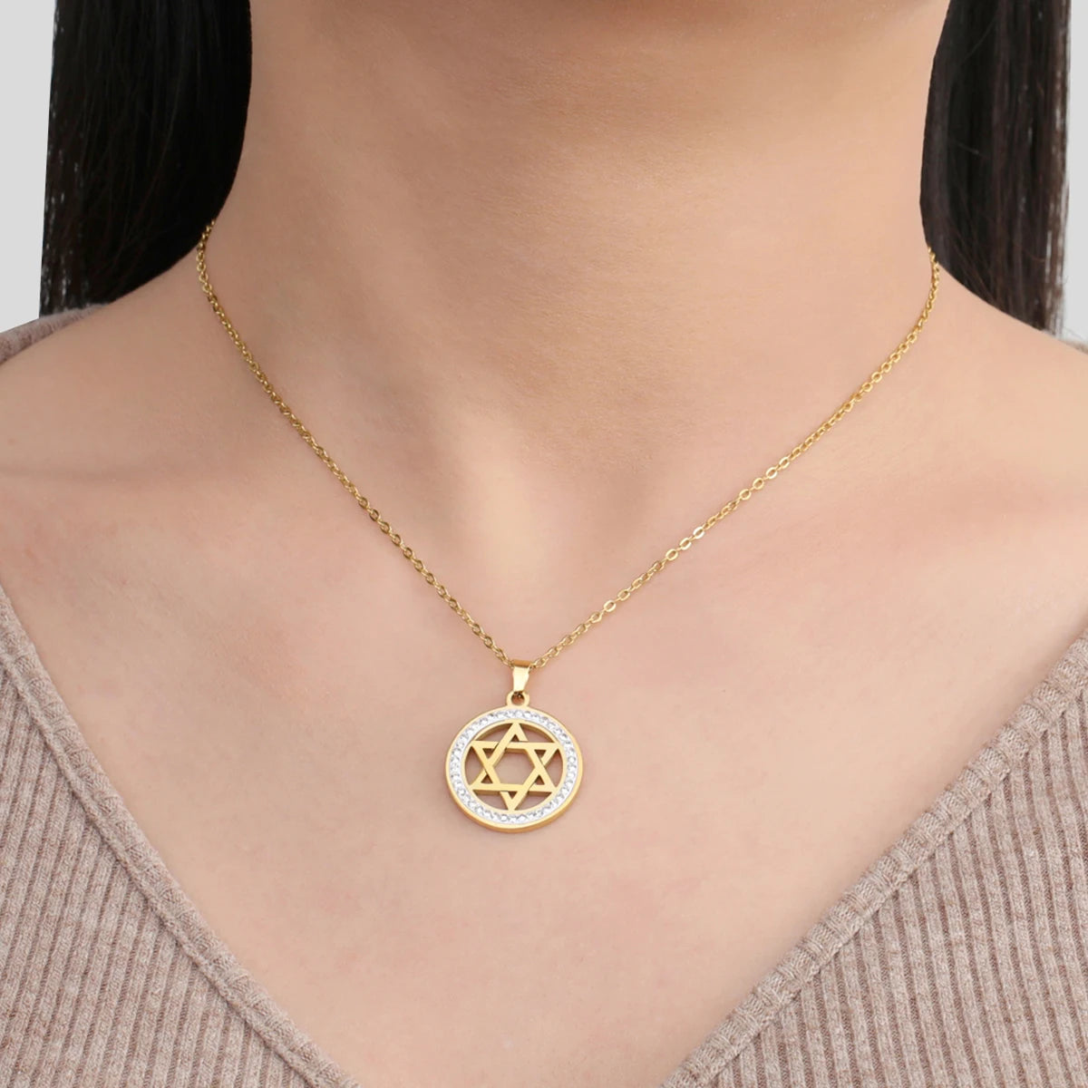 LIKGREAT Stern von David Edelstahl Vintage Halskette klar Zirkon runde Anhänger Halsketten Schmuck Hochzeits geschenk für Frauen Männer