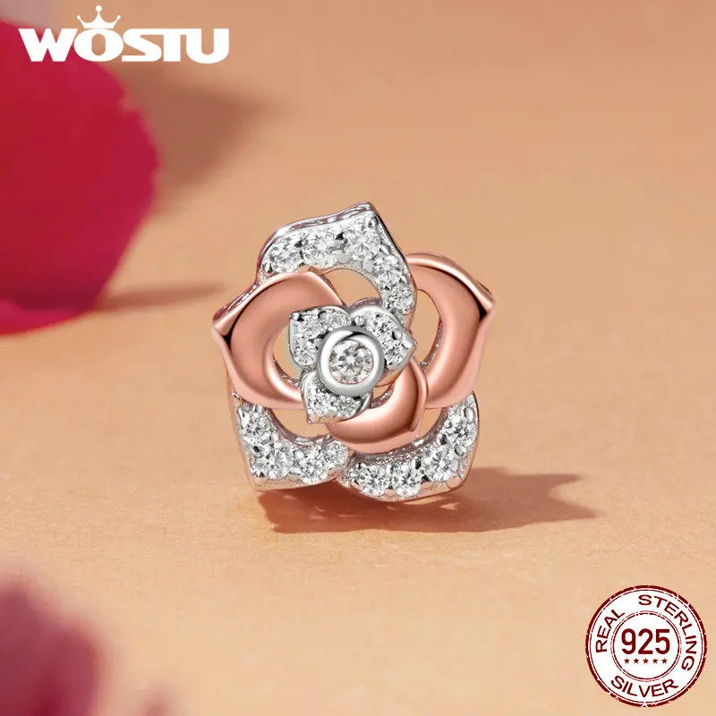 WOSTU Muttertags-Charm aus 925er-Sterlingsilber mit Rosenblüten-Anhänger, Baum des Lebens, Herzperlen, passend für Armbänder, Halsketten, DIY-Geschenk für Mama