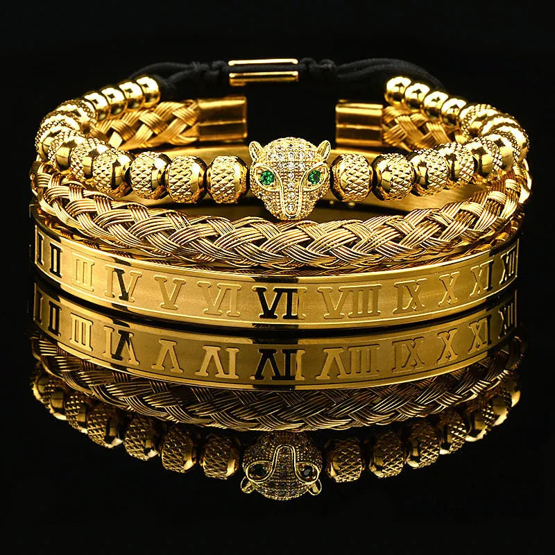 Luxus Schwarz Stein Perlen Leopard Kopf Mann Armband Emaille Edelstahl Römischen Armreifen Frauen Schmuck Set
