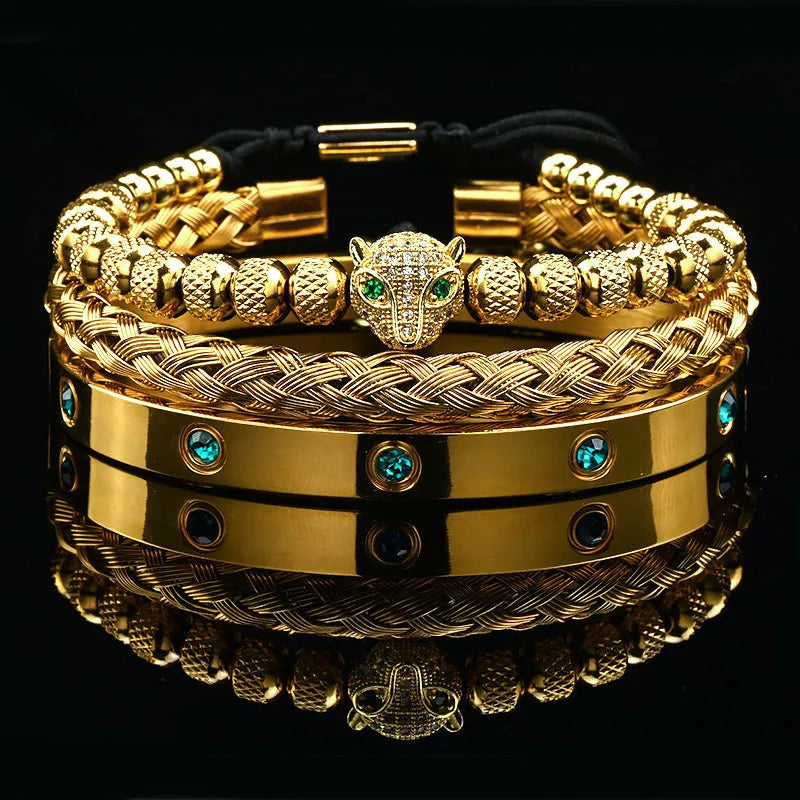 Luxus Schwarz Stein Perlen Leopard Kopf Mann Armband Emaille Edelstahl Römischen Armreifen Frauen Schmuck Set