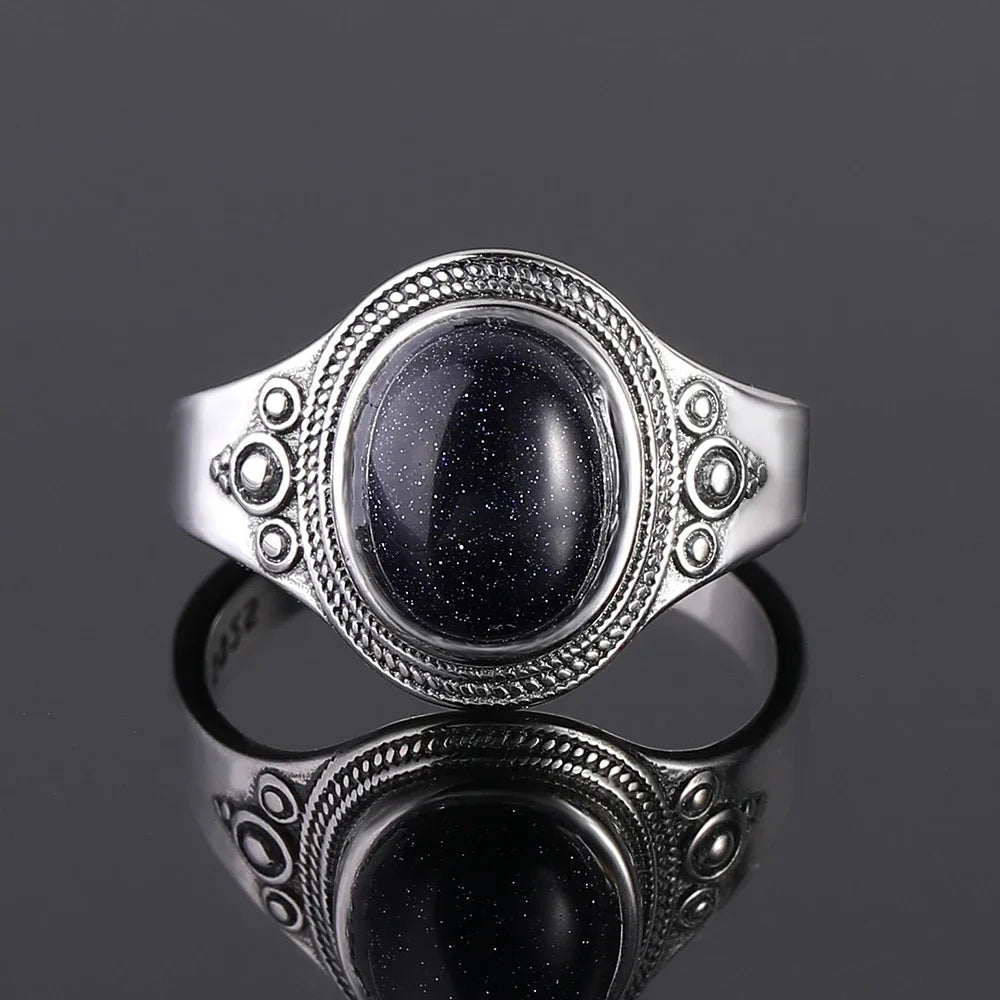 Ring aus 925er-Sterlingsilber, oval, rund, natürlicher blauer Sandstein, Ring für Frauen, Geschenk, Retro-Luxus, edler Schmuck