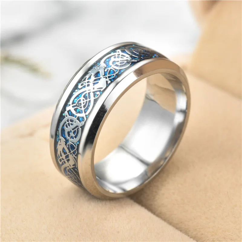 20 Farben Herrenschmuck Rot Blau Schwarz Drache Inlay Comfort Fit Edelstahlringe für Hochzeit Breite 8 mm