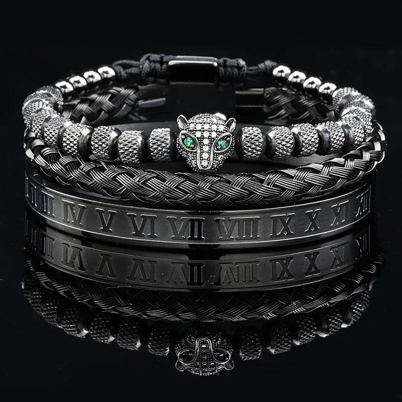 Luxus Schwarz Stein Perlen Leopard Kopf Mann Armband Emaille Edelstahl Römischen Armreifen Frauen Schmuck Set