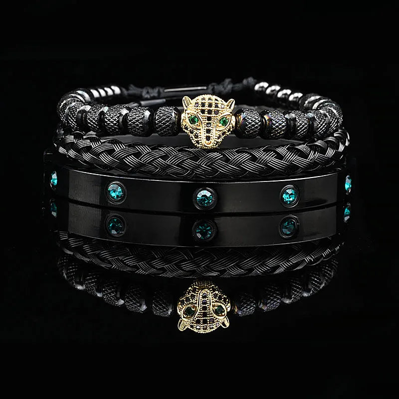 Luxus Schwarz Stein Perlen Leopard Kopf Mann Armband Emaille Edelstahl Römischen Armreifen Frauen Schmuck Set