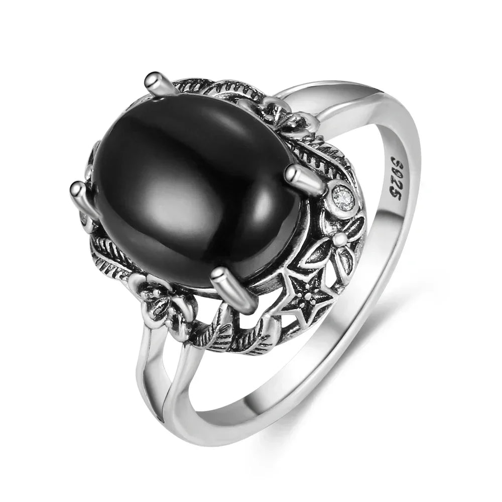 Vintage-Ring aus 925er Silber, natürlicher schwarzer Onyx-Ring, kreisförmiger Denier-Typ, Pferdeauge-Design, Geschenk, edler Schmuck, schwarzer Ring für Männer und Frauen