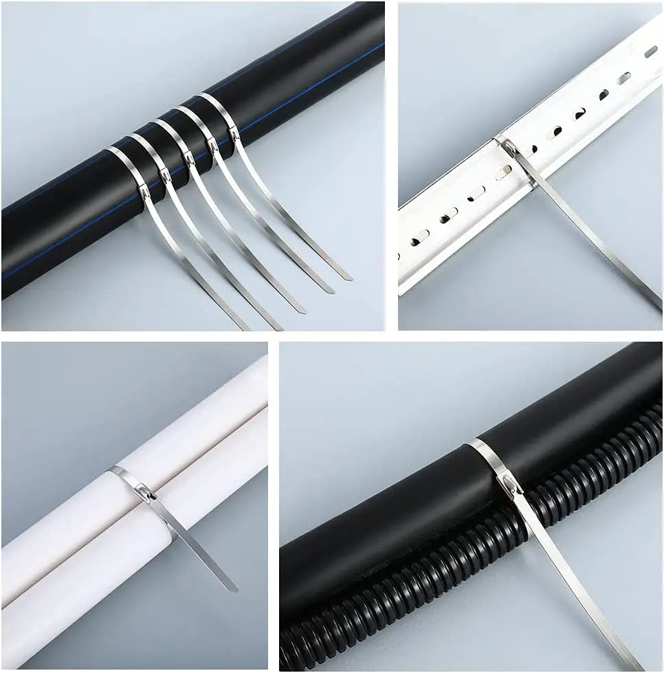100 Stück 4,6 mm 7,9 mm 304 Edelstahl Metallkabelbinder Multifunktionale selbstsichernde Kabelbinder Reißverschluss-Auspufffolie beschichtete Verriegelung