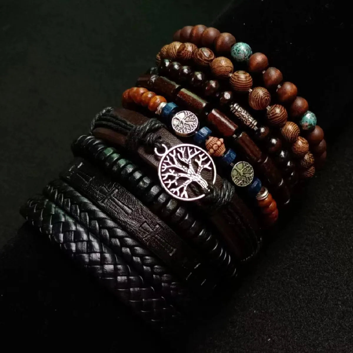 Khaki Baum 10 Teile/satz Schwarz Wrap Woven Mode Handgemachte Männer Armbänder Männliche Frauen Leder Armbänder Männer Armreif Großhandel Schmuck