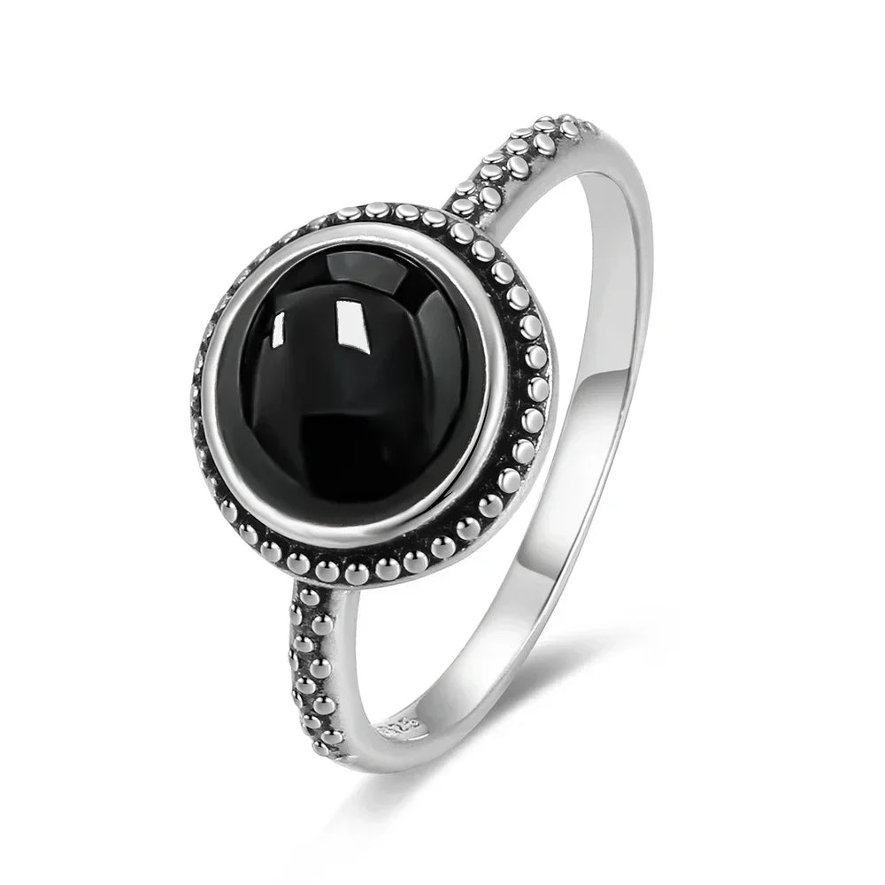 Vintage-Ring aus 925er Silber, natürlicher schwarzer Onyx-Ring, kreisförmiger Denier-Typ, Pferdeauge-Design, Geschenk, edler Schmuck, schwarzer Ring für Männer und Frauen