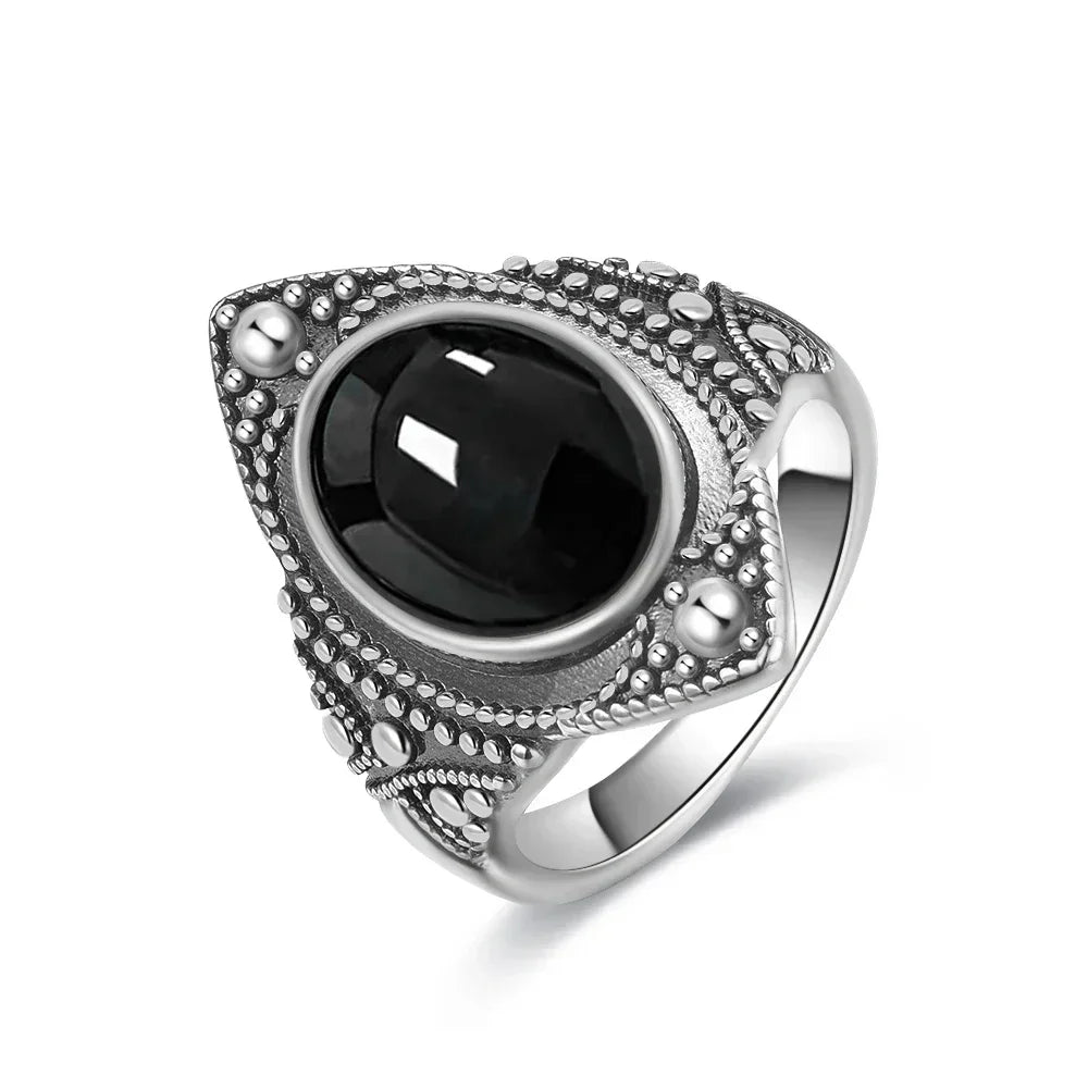 Vintage-Ring aus 925er Silber, natürlicher schwarzer Onyx-Ring, kreisförmiger Denier-Typ, Pferdeauge-Design, Geschenk, edler Schmuck, schwarzer Ring für Männer und Frauen