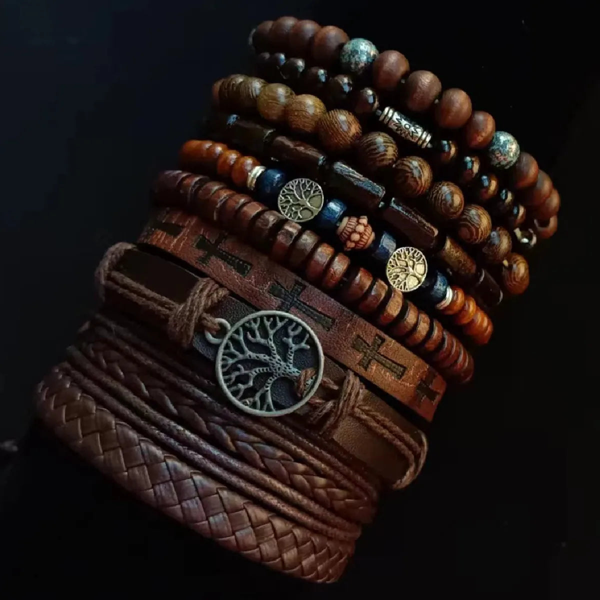 Khaki Baum 10 Teile/satz Schwarz Wrap Woven Mode Handgemachte Männer Armbänder Männliche Frauen Leder Armbänder Männer Armreif Großhandel Schmuck
