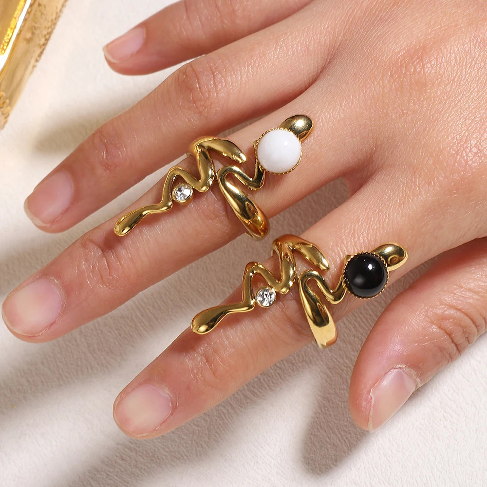 Neue Natürliche Stein Zirkon Schlange Ringe Für Frauen Edelstahl Retro Vintage Öffnung Hochzeit Ring Mode Schmuck Geschenke