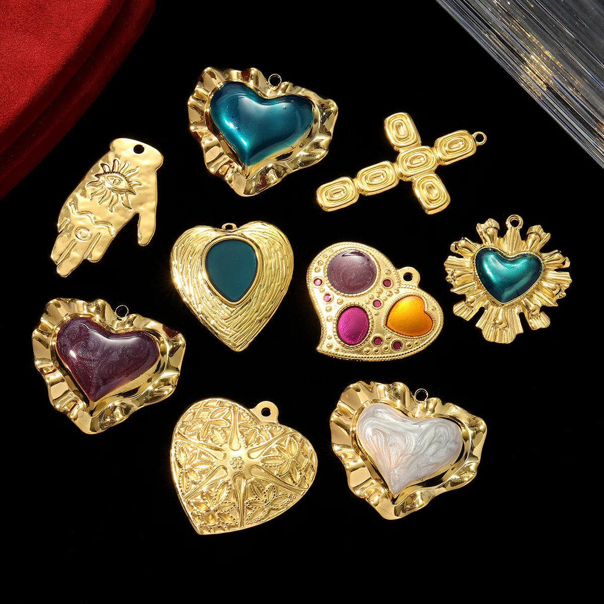 3 teile/los Französisch Retro Edelstahl Emaille Liebe Herz Halskette Anhänger Hamsa Hand DIY Ohrring Charme Frauen Große Kreuz Schmuck