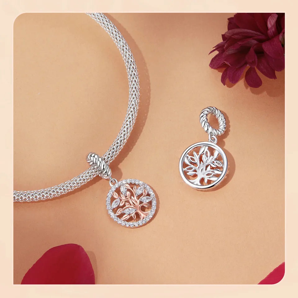 WOSTU Muttertags-Charm aus 925er-Sterlingsilber mit Rosenblüten-Anhänger, Baum des Lebens, Herzperlen, passend für Armbänder, Halsketten, DIY-Geschenk für Mama