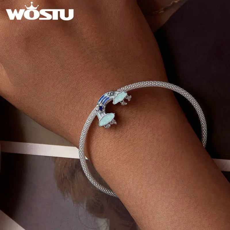 Wostu Sterling Silber schmelzende Eis Schneeflocke Anhänger blau Opal Liebe Herz Regenbogen Charme fit Original Armband DIY Winter Geschenk