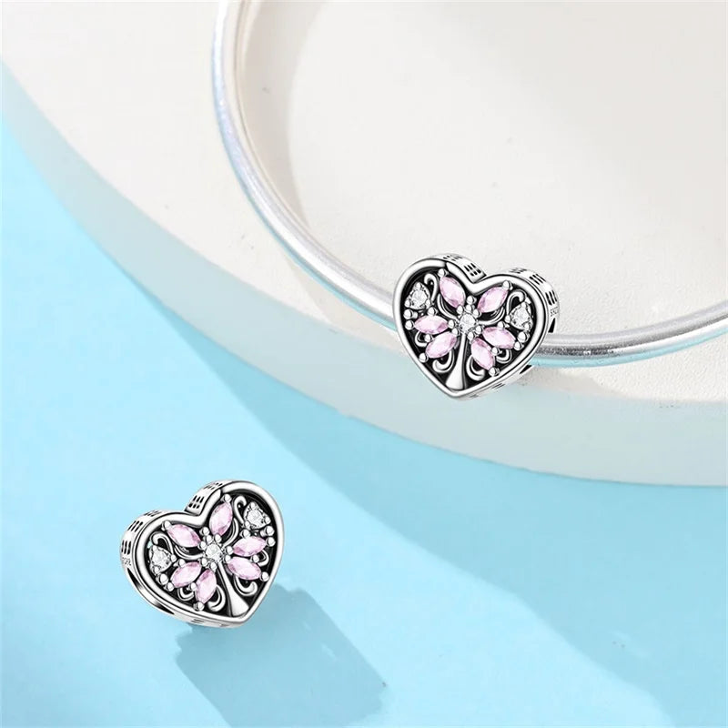 Rosa Charms aus 925er-Sterlingsilber, Perlen, Schmetterling, Parfümflasche, Krone, herzförmiger Zirkon, Charms für Frauen, feiner DIY-Schmuck, Geschenke