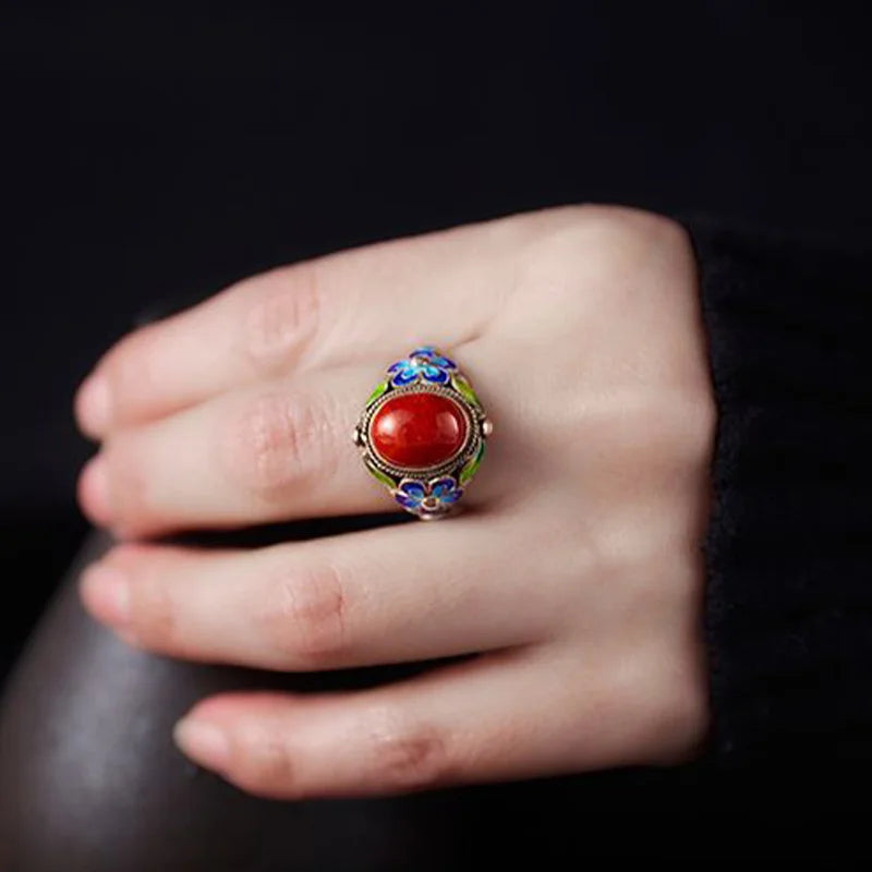 Retro filigran eingelegter roter Ring gebrannter blauer Palast Punk Gothic offener Ring für Frauen handgemachte Unisex Designer Schmuck Accessoires