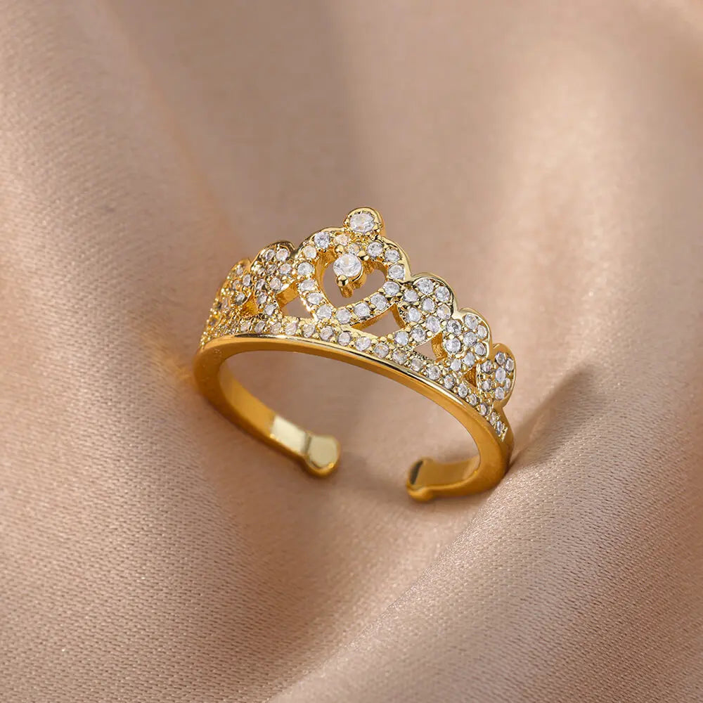Zirkon Krone Ringe Für Frauen Edelstahl Gold Farbe Vintage Krone Offenen Ring Hochzeit Ästhetischen Schmuck Geschenk bijoux femme