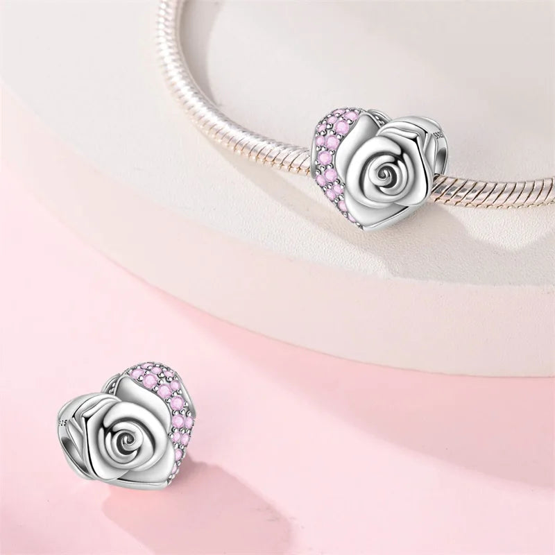 Rosa Charms aus 925er-Sterlingsilber, Perlen, Schmetterling, Parfümflasche, Krone, herzförmiger Zirkon, Charms für Frauen, feiner DIY-Schmuck, Geschenke