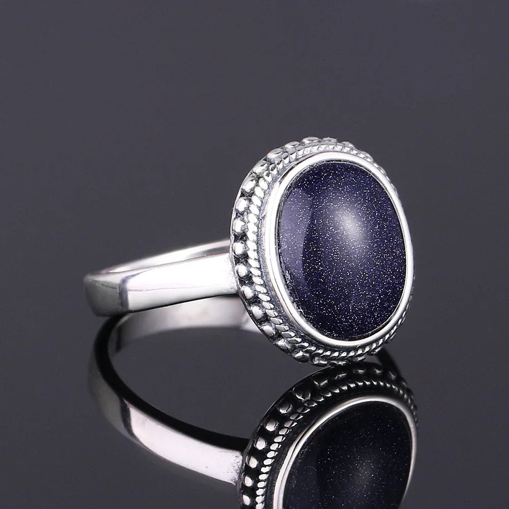 Ring aus 925er-Sterlingsilber, oval, rund, natürlicher blauer Sandstein, Ring für Frauen, Geschenk, Retro-Luxus, edler Schmuck