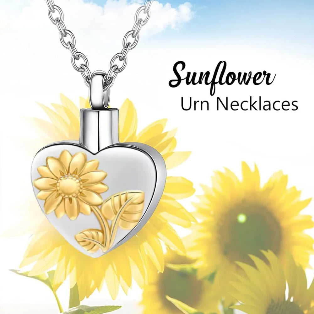 Urnen-Medaillon-Halskette mit Sonnenblumen-Herz, Asche-Halskette aus Edelstahl, Urnen-Halskette für Asche, Erinnerungs-Andenken, Schmuck für menschliches Haustier