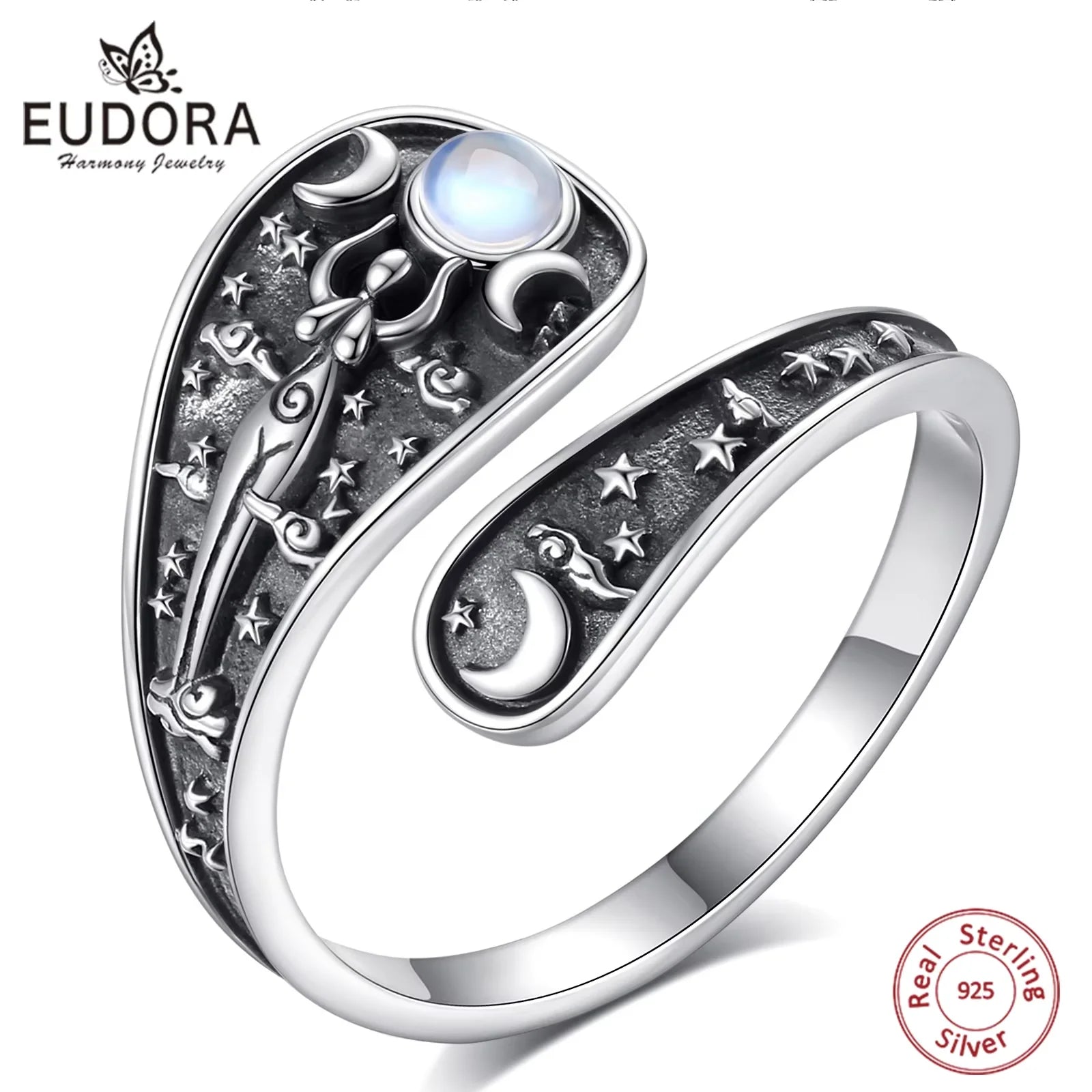 Eudora Verstellbarer Ring aus 925er-Sterlingsilber mit dreifacher Mondgöttin, Mondstein, Hekate, Amulett, Löffelring, Vintage-Schmuck, Geschenk für Frauen