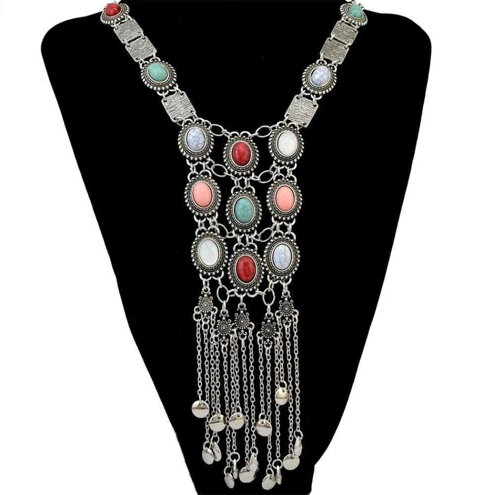 Afghanische Vintage Silber Farbe Legierung Halsketten Perlen Geometrische Form Münze Quaste Anhänger Klobige Halsketten für Boho Gypsy Türkisch