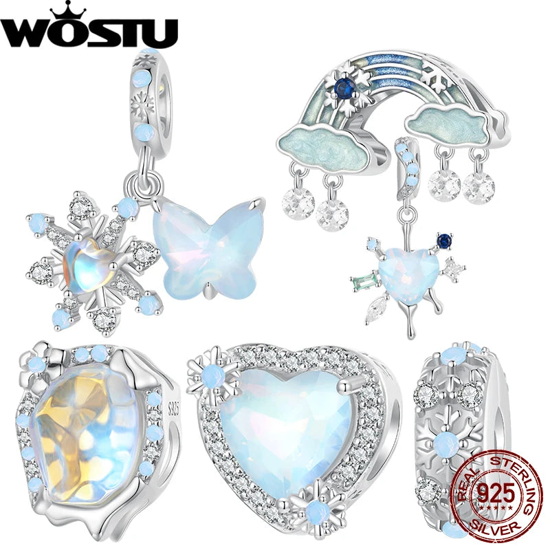 Wostu Sterling Silber schmelzende Eis Schneeflocke Anhänger blau Opal Liebe Herz Regenbogen Charme fit Original Armband DIY Winter Geschenk